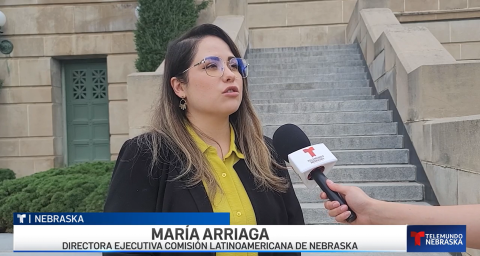 Maria Arriaga doing an interview with Telemundo